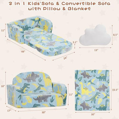 Extra Wide Kids Couch, 2-in-1 Soft Toddler Couch with Blanket, Glow in The Dark, Comfy Toddler Chair with Cloud Pillow, Convertible Sofa, Dinosaur - color: Dinosaur