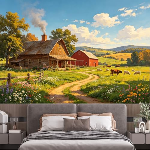 Custom Size Wall Murals Country Farm Landscape Oil Painting Barn Meadow Cows Sheep Pasture Farmhouse Style SelfAdhesive Wall Fabric Removable Large Wallpaper for Living Room