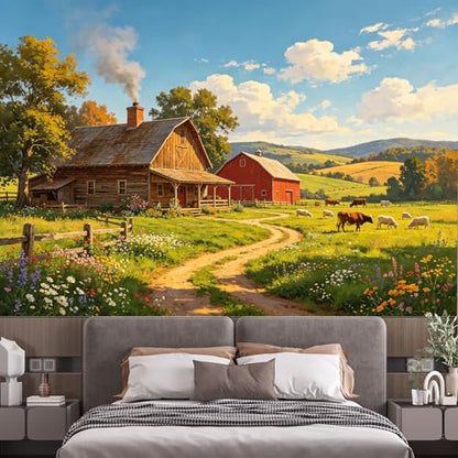 Custom Size Wall Murals Country Farm Landscape Oil Painting Barn Meadow Cows Sheep Pasture Farmhouse Style SelfAdhesive Wall Fabric Removable Large Wallpaper for Living Room