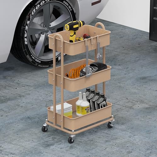Simple Houseware 3-Tier Heavy Duty Metal Utility Rolling Cart, Khaki - color: Khaki