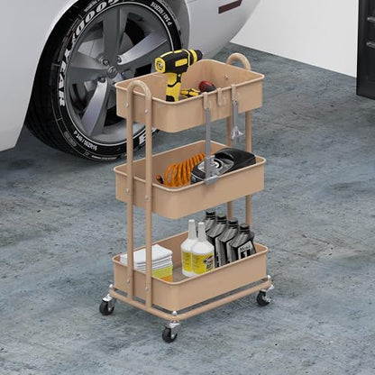 Simple Houseware 3-Tier Heavy Duty Metal Utility Rolling Cart, Khaki - color: Khaki