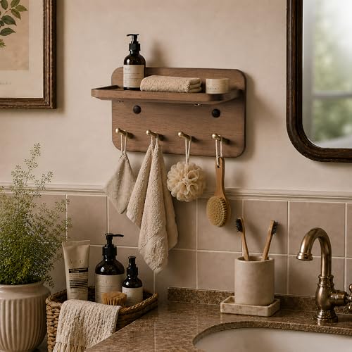 Key Holder Wall Mount, Solid Wood Key Holder for Wall with 4 Brass Hooks & Hidden Magnets, 15° Incline Hooks & Grooved Design to Prevent Slipping, Vintage Brown Key Hanger