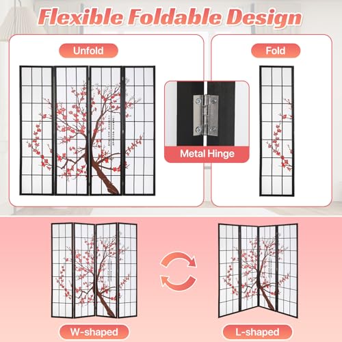 Japanese 4-Panel Screen Room Divider, 6Ft Folding Privacy Divider, White | Chinese Room Dividers, Wooden Freestanding Partition Screen with Plum Blossom