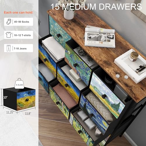 EXOTICA Large Chest of Drawers 15 Drawer Dresser Van Gogh Tall Fabric Dresser for Bedroom Living Room Entryway Closet with Sturdy Metal Frame and Wooden Top - size: Large 15 Drawers