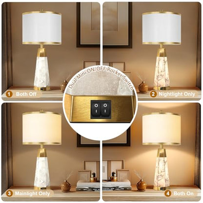 KIVDITZO 27" Alabaster Table Lamps Set of 2 for Bedroom with Night Light | Bedside Lamps with White Linen Shade, Nightstand Table Lamp with USB A+C Port, for Living Room Office (Bulbs Included) - color: Gold