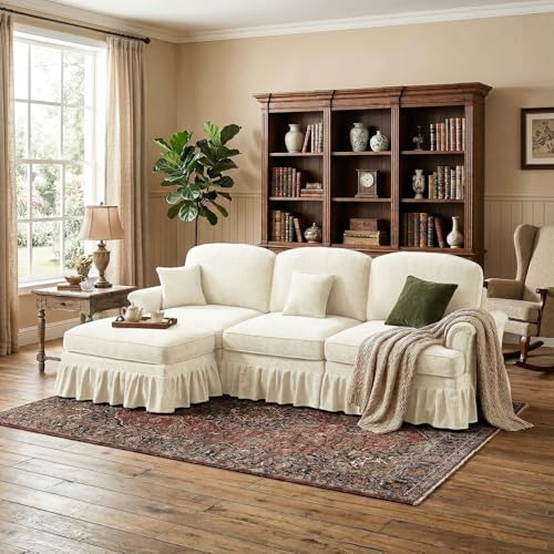 Modular Sectional Sofa Couch, Comfy Chenille Sofa with Removable Ruffled Skirt, Flared Armrests, Sturdy Legs, Convertible Sectional for Living Room, Bedroom, Apartment (Beige) - color: Beige, size: 107.1 Inch L