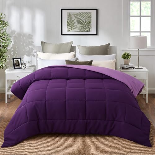 EVOLIVE Microfiber ReversibleComforter Full/Queen (Purple/Lavender) | Soft brushed microfiber with down-alternative fill offers medium-weight warmth, box stitching, and easy machine care - color: Purple/Dusty Lavender, size: Full/Queen