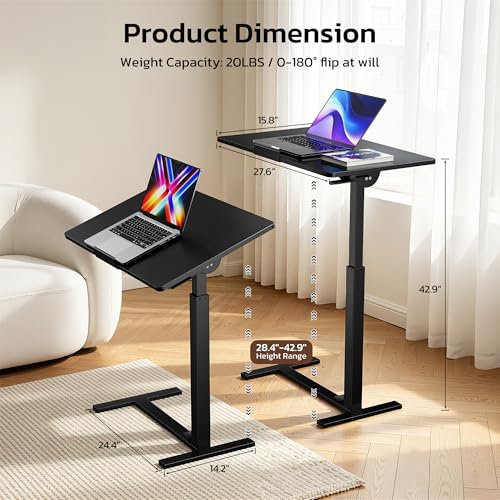 Mobile Standing Desk Adjustable Overbed Table, Pneumatic Height Adjustable Rolling Laptop Desk with Hidden Wheels, 0-180°Tilt Top Rolling Computer Cart Foldable for Home Office, Craft & Study, Black - color: Black, style: Fully Tiltable