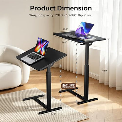 Mobile Standing Desk Adjustable Overbed Table, Pneumatic Height Adjustable Rolling Laptop Desk with Hidden Wheels, 0-180°Tilt Top Rolling Computer Cart Foldable for Home Office, Craft & Study, Black - color: Black, style: Fully Tiltable