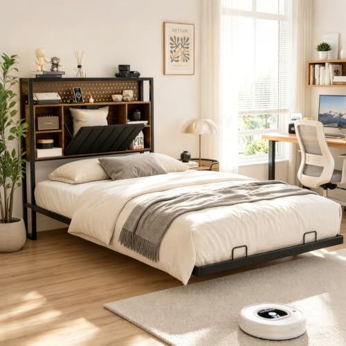 VINGLI Floating Bed Frame Twin Bed with Charging Station and LED Lights,Twin Metal Bed Frame,Cozy Hidden Storage Velvet Upholstered Headboard,No Box Spring Needed,Easy Assembly,Black - color: Industrial Brown, size: Twin