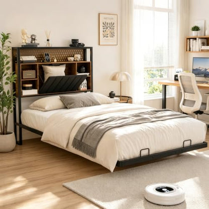 VINGLI Floating Bed Frame Twin Bed with Charging Station and LED Lights,Twin Metal Bed Frame,Cozy Hidden Storage Velvet Upholstered Headboard,No Box Spring Needed,Easy Assembly,Black - color: Industrial Brown, size: Twin