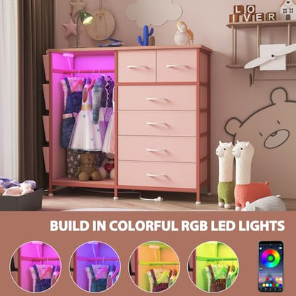 6 Drawer Dresser for Bedroom with Clothes Rack, Clothes Dresser with Side Pockets and Hooks, Charging Station & LED Lights, Wooden Top, Fabric Storage (Pink) - color: Pink