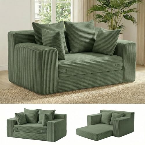 cidludto Convertible Sofa Bed, Boneless Couch 2 in 1 Loveseat Folding Couch Bed Foldable, Chair Bed & Futon Sofa Bed, Small Corduroy Pull Out Sofa with 4 Pillows for Living Room, Green - color: Green, size: Loveseat-55''