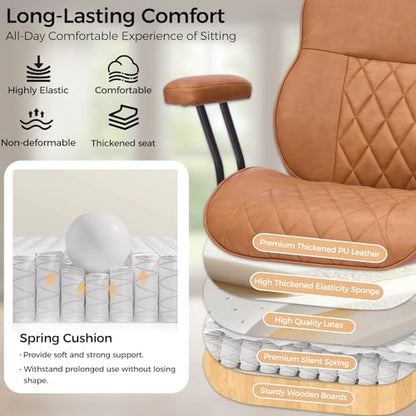 BEWISHOME Brown Leather Office Chair with Quiet Rubber Wheels | 380 lb Capacity, 22" Wide Seat, Removable Armrests, Lumbar Support ,Ergonomic Design for Home Office. Mid Century Modern