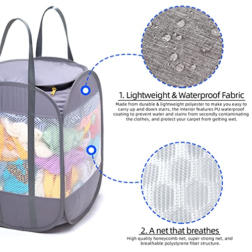 Pop-Up Laundry Hamper with YKK Zipper Lid, 1.5 Loads, Reinforced Handles | Tear-Proof Honeycomb Mesh, Zippered Lid & Tall Design, 14.9" x 14.9" x 21.6", White Laundry Basket, Reinforced Handles