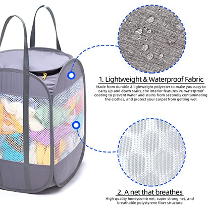 Pop-Up Laundry Hamper with YKK Zipper Lid, 1.5 Loads, Reinforced Handles | Tear-Proof Honeycomb Mesh, Zippered Lid & Tall Design, 14.9" x 14.9" x 21.6", White Laundry Basket, Reinforced Handles