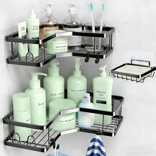 Rustproof Corner Shower Caddy 3 Pack,Stainless Steel Bathroom Storage Accessories,Durable No Drilling Shower Organiser,Adhesive Bathroom Shelves with Soap Holder Set,Black