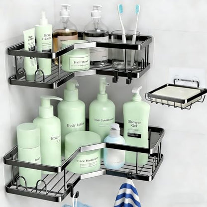 Rustproof Corner Shower Caddy 3 Pack,Stainless Steel Bathroom Storage Accessories,Durable No Drilling Shower Organiser,Adhesive Bathroom Shelves with Soap Holder Set,Black