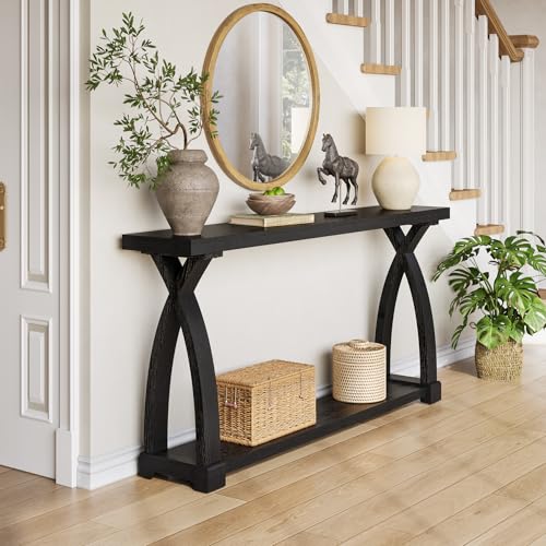 Solid Wood Console Table for Entryway, 63-Inch Narrow Farmhouse Couch Table Behind Sofa with 2-Tier Storage for Entrance, Foyer, Living Room, Long, Black (Black) - color: Black