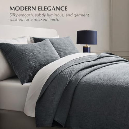EVERGRACEHOME Cotton Sateen Channel Quilt Set, Queen Size, Midnight Blue | 100% Cotton, Pre-Washed Soft Coverlet Bedspread, 3-Piece Refined Channel Stitch Bedding Set for All Season, 2 Pillow Shams - color: Midnight Blue - Refined Channel, size: Full/Quee