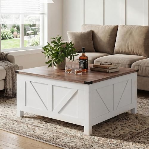 35” Farmhouse Coffee Table with Large Storage, Rustic Wood Lift Top Coffee Table for Living Room, Square Center Table with Charging Station&USB, Modern Port Pottery Barn Lift top Table - color: White