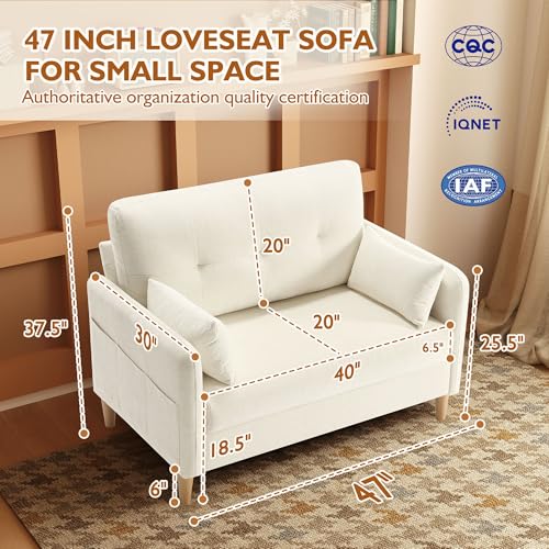 Urhanherry 47" Small Sofa Couch, Soft Chenille loveseat Mini Couch with Throw Pillow and Removable Cushion Cover for Small Spaces, Bedroom, Apartment, Dorm, Office, Living Room(Beige) - color: Beige