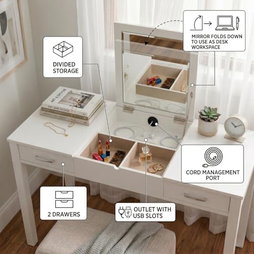 Hives and Honey Parsons Vanity Desk, Lift-Top Mirror, Storage, USB & Power Outlet, 2 Drawers, Smooth Glide, Modern Wood Grain Design, Brushed Chrome Hardware, Makeup & Dressing Table, White - color: White