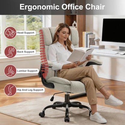 Fabric Office Chair High Back Executive Ergonomic Chair Flip Arms | Premium cloth fabric office chair with high back ergonomic support, flip-up arms, adjustable height, 90°-120° tilt function - color: Beige