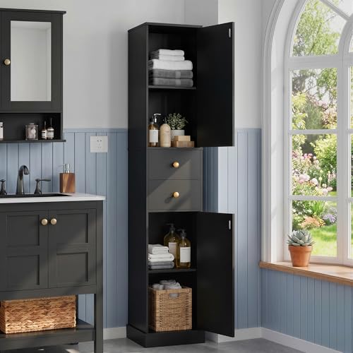 67" H Tall Bathroom Cabinet with 2 Barn Doors and 2 Drawers, Narrow Storage Cabinet with Sturdy Base & 6 Shelves for Small Space, Bathroom, Kitchen, Living Room, Black - color: Black, size: 11.8" W