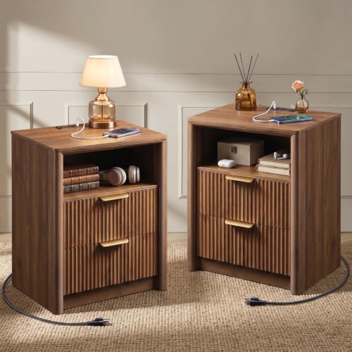 LYNCOHOME 19.7" Fluted Nightstands Set of 2 with Charging Station, 2 Drawer Bedside Table, Modern Night Stand with Curved Edge, Wooden End Table for Bedroom, Rounded Night Stand with Storage, Walnut - size: 15"D x 19.7"W x 24.2"H（2 Drawers）