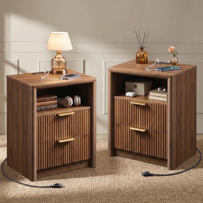 LYNCOHOME 19.7" Fluted Nightstands Set of 2 with Charging Station, 2 Drawer Bedside Table, Modern Night Stand with Curved Edge, Wooden End Table for Bedroom, Rounded Night Stand with Storage, Walnut - size: 15"D x 19.7"W x 24.2"H（2 Drawers）