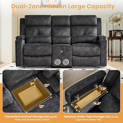 Power Reclining Sofa with 4 LED Lights, Bluetooth Speaker, Power Reclining Loveseat with Drop Down Table,Outlets, 3-Seater Recliner Sofa with Arm/Seat Storage(Grey, Loveseat with Console) - color: Grey, size: Loveseat with Console