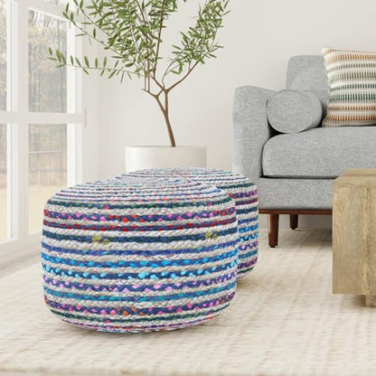 SIMPLIHOME Margo 30" Wide Round Pouf in Natural Jute and Cotton | Boho footstool, braided pouf, extra seating for living room or bedroom with polystyrene bead filling, assembled; accent seat. - color: Multi-blue, style: Pouf