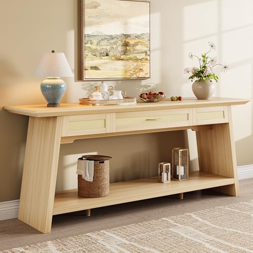 iPormis 70.9 Inches Rattan Entryway Table with Drawer, Narrow Long Console Table Behind Sofa, Wood Entry Accent Hallway Table for Living Room, Behind Couch, Entrance, Natural - color: Natural