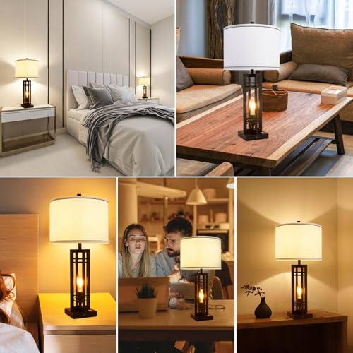 Set of 2 Farmhouse Table Lamps for Living Room,27-inch Bedside Lamps | White Shade Desk Lamps with USB A+C Ports, 3-Level Dimmable Touch Light, 4 LED Bulbs Included, Bedroom Home Office Nightstand - color: White