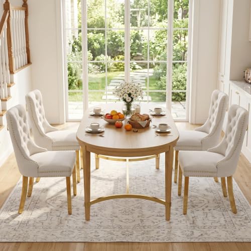 Velvet Upholstered Dining Chairs Set of 4, Modern Style Kitchen Side Chairs with Nailhead Trim and Gold Plated Leg, Metal Pulling Ring for Dining Room Living Room(Beige-Gold Plated Leg) - color: Beige-gold Plated Leg, size: Set of 4