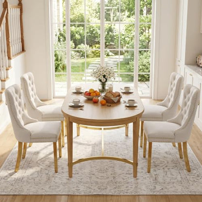 Velvet Upholstered Dining Chairs Set of 4, Modern Style Kitchen Side Chairs with Nailhead Trim and Gold Plated Leg, Metal Pulling Ring for Dining Room Living Room(Beige-Gold Plated Leg) - color: Beige-gold Plated Leg, size: Set of 4