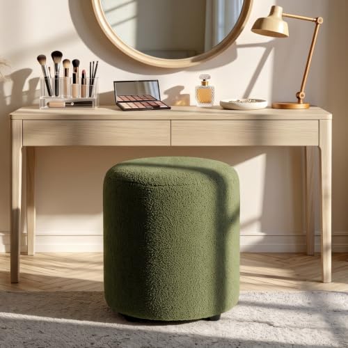 Modern Round Vanity Stool, Small Ottoman, Cute Fabric Foot Stool, Teddy Fleece Footrest, Upholstered Vanity Chair, Stool for Makeup, Bedroom, Living Room (2, Round-Dark Green) - color: Round-dark Green