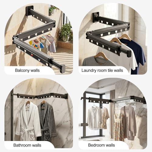 Gray Clothes Drying Rack Wall Mount, Tri-Fold Retractable Laundry Drying Rack, Space Saving Laundry Drying Rack Collapsible