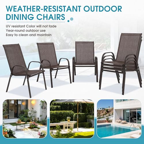 24.4" Wide Outdoor Stackable Chairs Set of 6 | Stacking Patio Chairs with Textilene Fabric, Outside Furniture for Garden Backyard Balconie Poolside Deck, Brown - color: 6 Brown Chairs