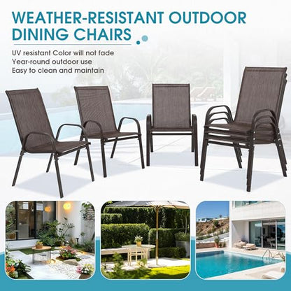 24.4" Wide Outdoor Stackable Chairs Set of 6 | Stacking Patio Chairs with Textilene Fabric, Outside Furniture for Garden Backyard Balconie Poolside Deck, Brown - color: 6 Brown Chairs