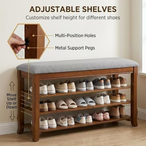 SolidWood Entryway Shoe Rack Storage Bench, Flip-Top Soft-Close Lid, 39.4'' | 550 lbs Max Load, Adjustable Shelves, Cushioned Entryway Shoe Organizer for Closet, Hallway, Foyer - size: 39.4"