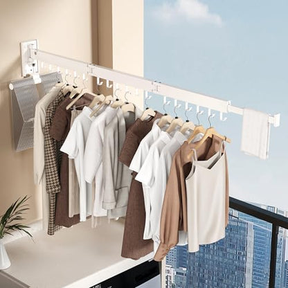 Wall Mounted Collapsible Clothes Drying Rack, Space-Saving Laundry Drying Rack Clothing Hanger, Durable Foldable Design Extends Left, Right & Up for Upgraded Versatility - style: Upgrde-White Hooks