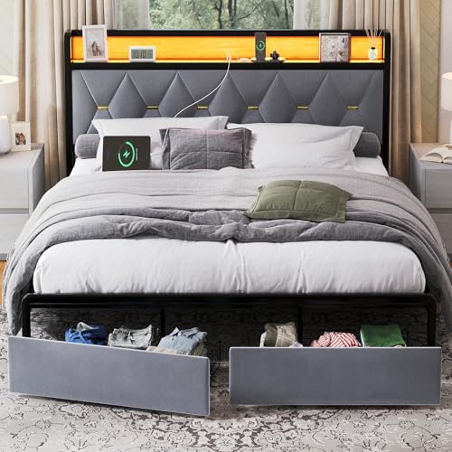 Ailisite Queen Size Bed Frame with 2 Storage Drawers, Upholstered Grey Platform Bed Frame with Typ-C Charging Port, LED Bed Frame with Storage Headboard,Metal Slats, Heavy Duty,No Box Spring Needed - color: Light Grey, size: Queen