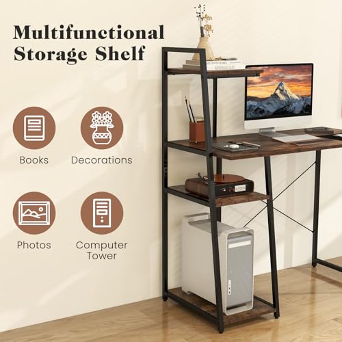 Tangkula Computer Desk with Shelves, Space Saving Home Office Desk with 3-Tier Ladder Shaped Storage Bookshelf, Modern Writing Study Desk with Metal Frame, Compact Computer Workstation (Rustic Brown) - color: Rustic Brown