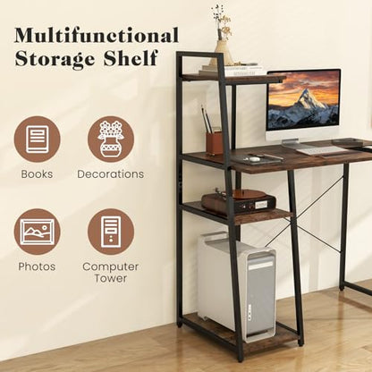 Tangkula Computer Desk with Shelves, Space Saving Home Office Desk with 3-Tier Ladder Shaped Storage Bookshelf, Modern Writing Study Desk with Metal Frame, Compact Computer Workstation (Rustic Brown) - color: Rustic Brown