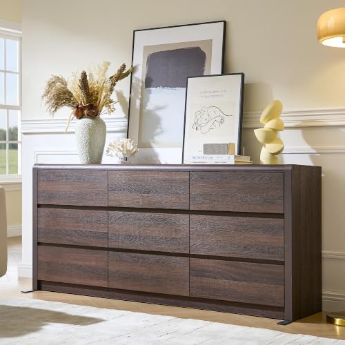 63” Wide Dresser for Bedroom, 9 Drawer Dresser, Walnut Dresser, Rounded Corner Safe & Handleless Design, Large Size Storage for Living Room Hallway, TV Stand, Modern Farmhouse Style - color: Walnut, size: 15.4"D x 63"W x 28.7"H (9 Drawers)