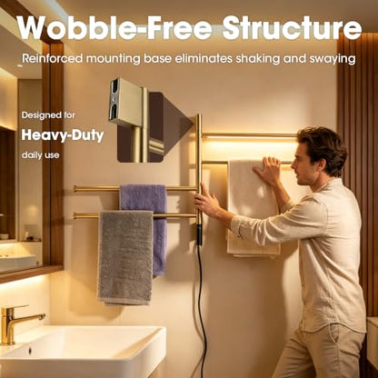TRUSTMI 4-Swing Electric Towel Warmer with Timer, Brushed Gold | Rust-proof 304 SS warmer with carbon fiber heat, LED touch 24H timer, and 4 swing arms. Keeps bathroom towels dry - color: Brushed Gold