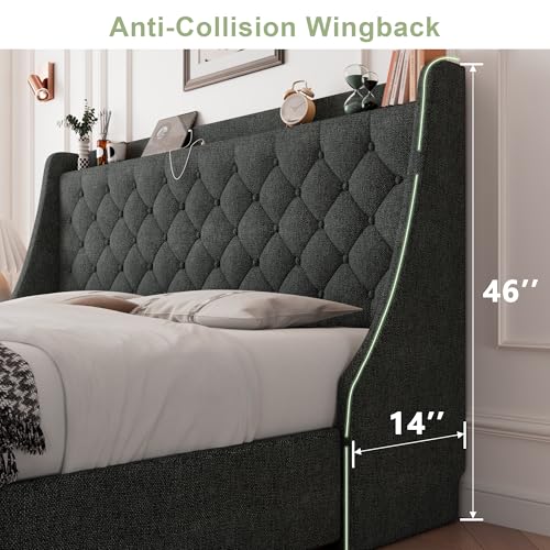 Feonase King Size Bed Frame with 4 Storage Drawers, Upholstered Storage Bed with Charging Station, Tufted Wingback Headboard, No Box Spring Needed, Dark Grey - color: Dark Grey, size: King