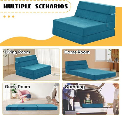 jela Foldable Sofa Bed, Convertible Sleeper Lounge Chair Floor Mattress Floor Couch with Backrest, Fold Out Futon with Washable Miss Fabric Cover for Guest Room, Living Room (83"x33",Teal) - color: Miss Fabric Light Blue